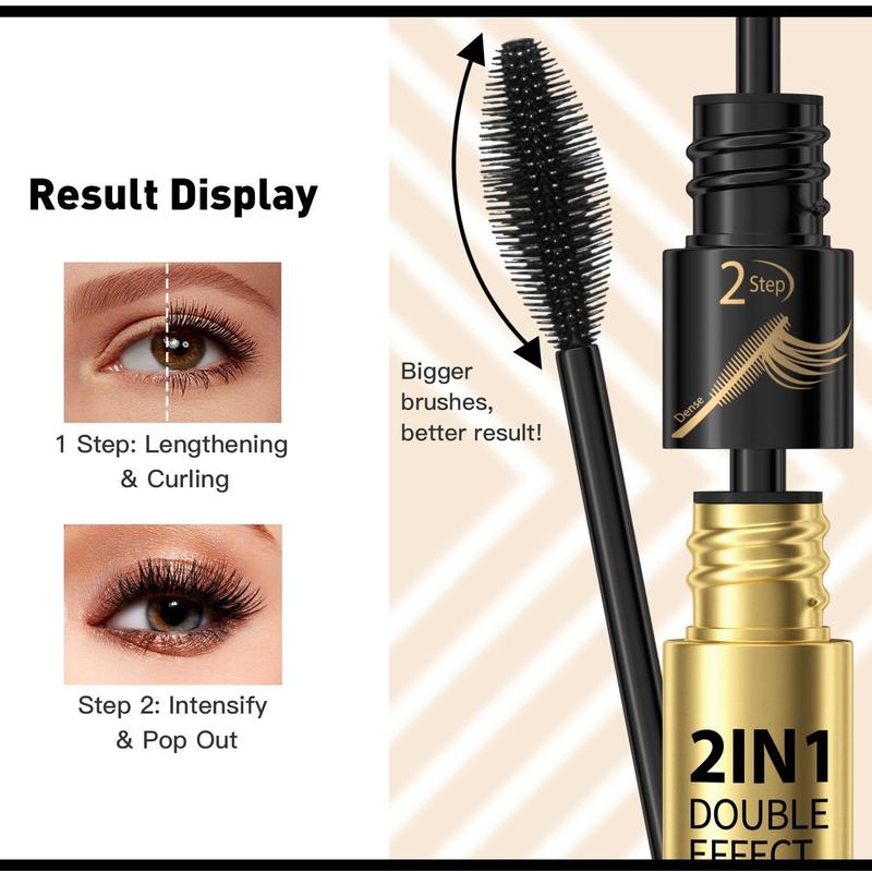 Waterproof Long Lasting Mascara, 1 Count 2 in 1 Natural Curl Eyelashes Mascara, Eyelashes Lengthening Volumizing Defining, Professional Eye Makeup Products