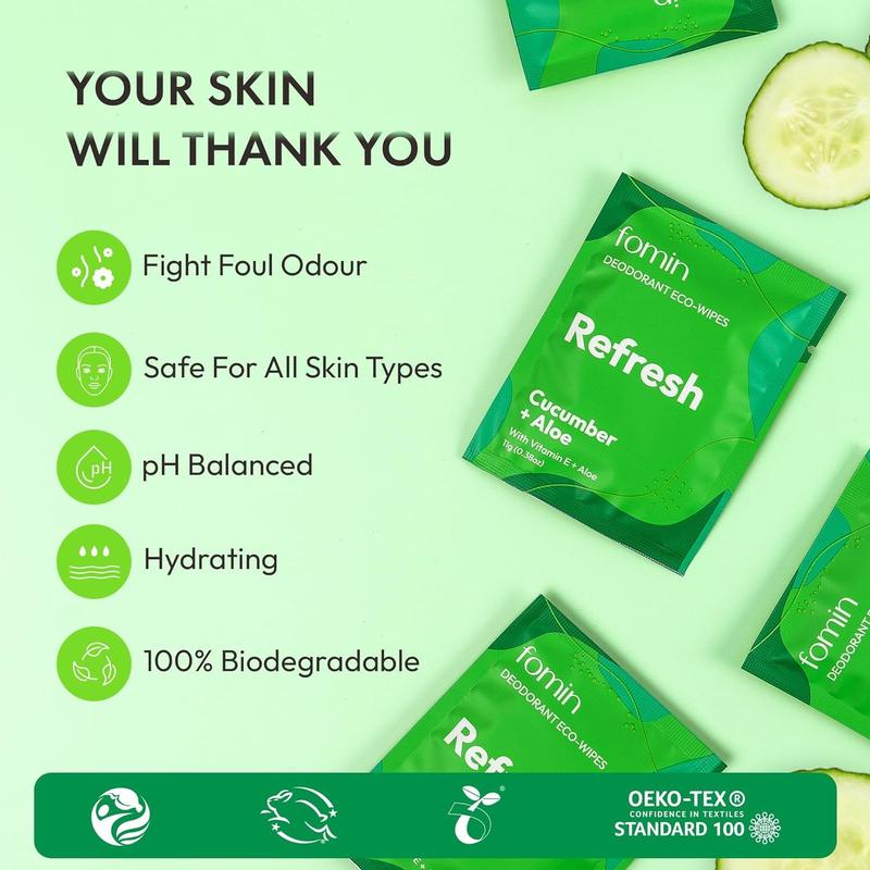 Deodorant Wipes - Cucumber Aloe - Eco-Friendly Mini Deodorant Wipe for Women, Travel Size Individually Wrapped Wipes, Anti Sweat & Armpit Deodorant Wipes for Sensitive Skin Body Care Plastic deodorant  wipes