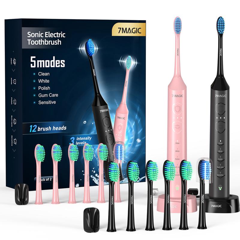 Electric Toothbrush for Adults, Sonic Toothbrush with 3 Intensity Levels & 5 Modes, One Charge for 90 Days, Rechargeable Electric Toothbrush with 6 Toothbrush Heads & 40,000 VPM Deep Clean, Couple Set rechargeable electric