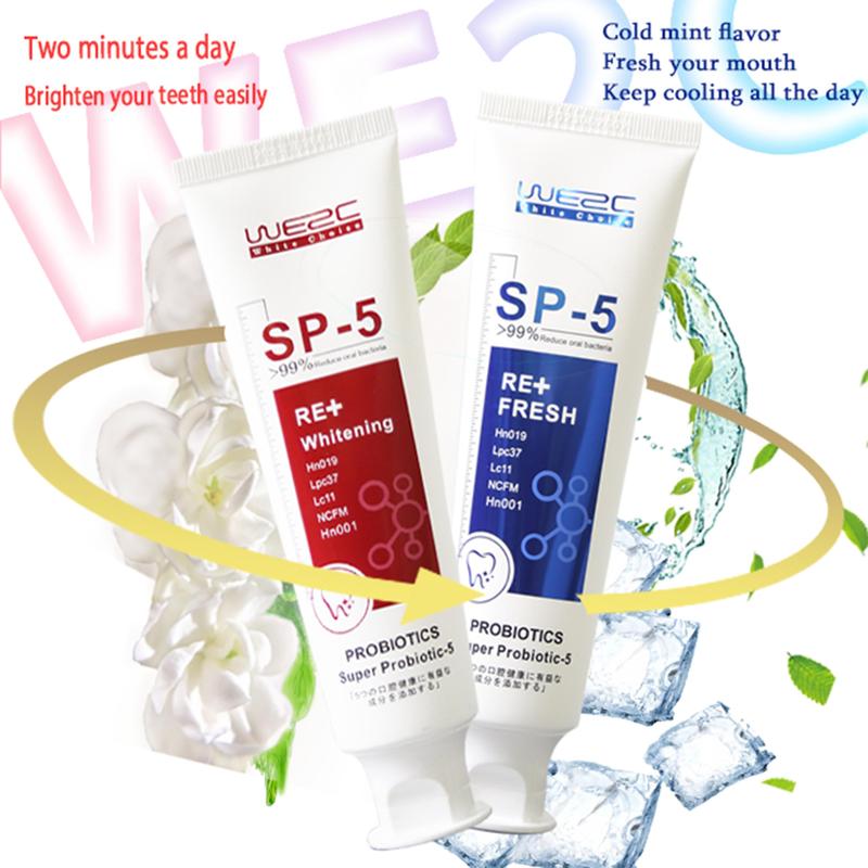 WE2C [SP-5 Probiotic Toothpaste] Whitens teeth, cleans the mouth, removes tooth stains, freshens breath, soft foam, jasmine whitening, mint freshness