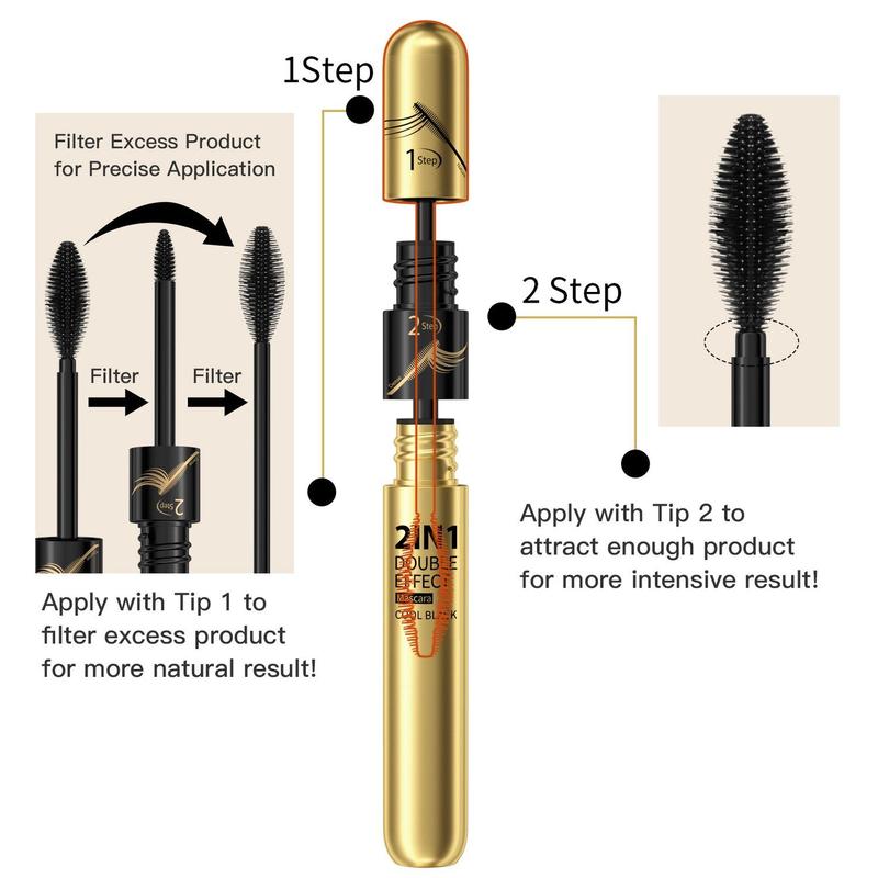 Waterproof Long Lasting Mascara, 1 Count 2 in 1 Natural Curl Eyelashes Mascara, Eyelashes Lengthening Volumizing Defining, Professional Eye Makeup Products