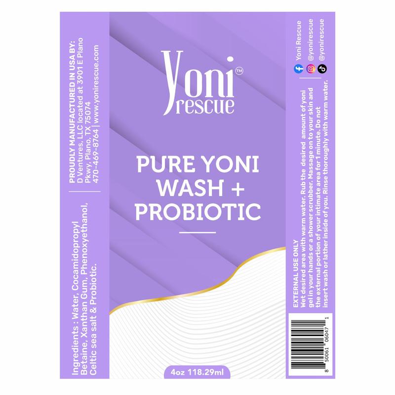 Pure Probiotic+ Yoni Wash, 4oz,  Daily use  gel based Wash, Reduce Odor, balance pH level, antibacterial , increase comfort by Yoni Rescue intimatewash for