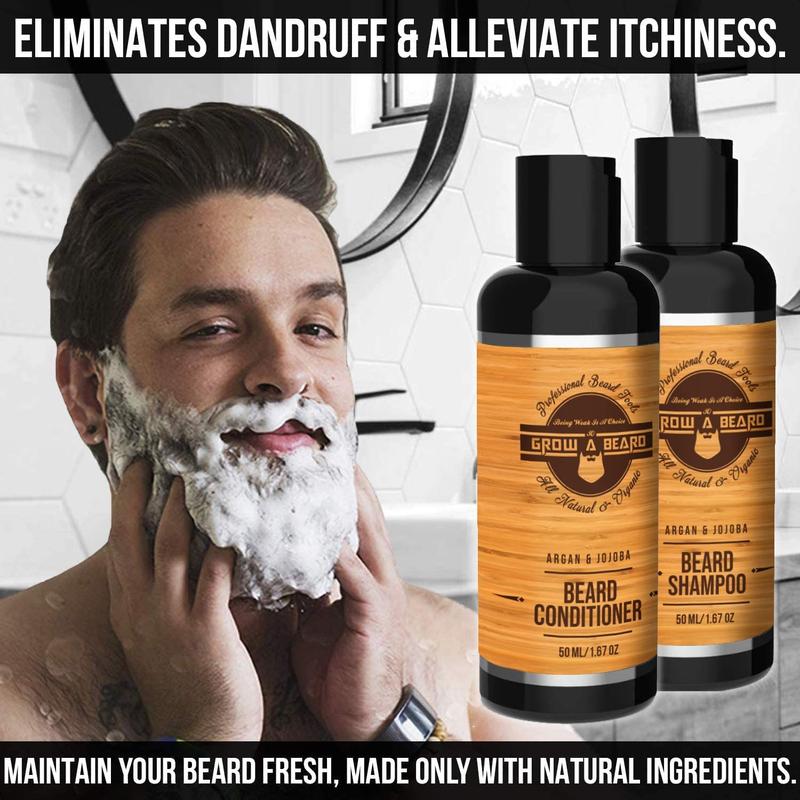 Beard Straightener Grooming Kit for Men, 2 fl oz Beard Oil, Sandalwood Balm, Beard Wash, Conditioner, Brush & Comb, Razor, and E-Book (Bamboo)