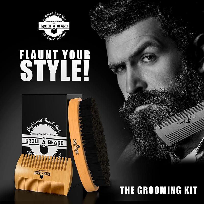 Beard Straightener Grooming Kit for Men, 2 fl oz Beard Oil, Sandalwood Balm, Beard Wash, Conditioner, Brush & Comb, Razor, and E-Book (Bamboo)