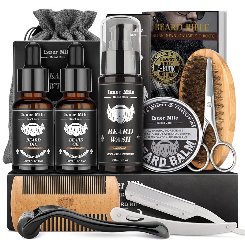 Isner Mile Beard Kit for Men, Beard Growth Kit, Beard Grooming & Trimming Tool Complete Set with Shampoo Wash, Beard Care Oil, Balm, Brush, Comb, Scissors & Storage Bag, Birthday Gifts for Him Men Dad Father Boyfriend