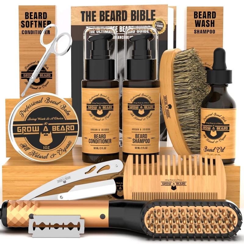 Beard Straightener Grooming Kit for Men, 2 fl oz Beard Oil, Sandalwood Balm, Beard Wash, Conditioner, Brush & Comb, Razor, and E-Book (Bamboo)