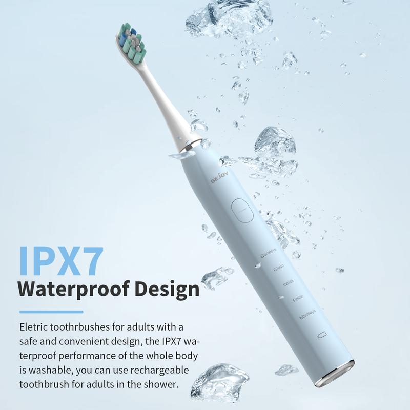 Sejoy Waterproof Daily Sensitive Oral Electric Toothbrush – USB Rechargeable Sonic Power Toothbrush with 12 Brush Heads