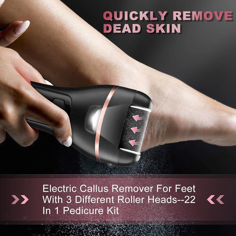 Electric Callus Remover for Feet with 3 Roller Heads 2 Speed Rechargeable Waterproof Professional  Nail Pedicure Kit 17 in 1 Foot File Tools Perfect for Dead Hard Cracked Dry Skin Nail