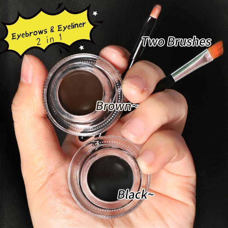 2 in 1 Black & Brown Long Lasting Makeup Eyeliner Pomade, 1 Set Smudge Proof Eyeliner Cream with Eyeliner Brush, Dual Use for Eyebrow Tint with Eyebrow Brush