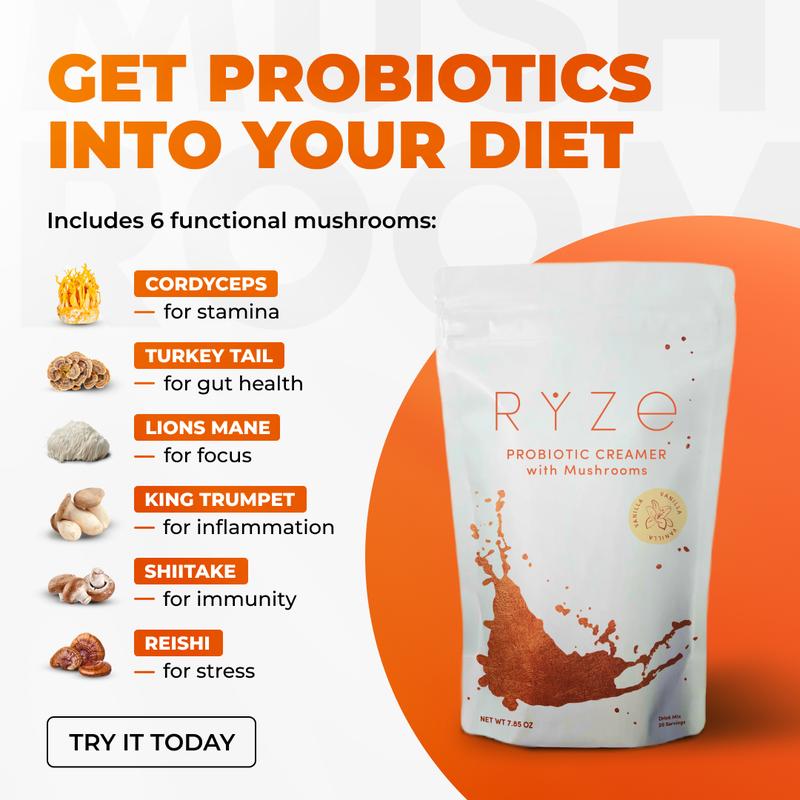 RYZE Probiotic Creamer with 6 Superfood Mushrooms & 1 Billion CFUs of Probiotics