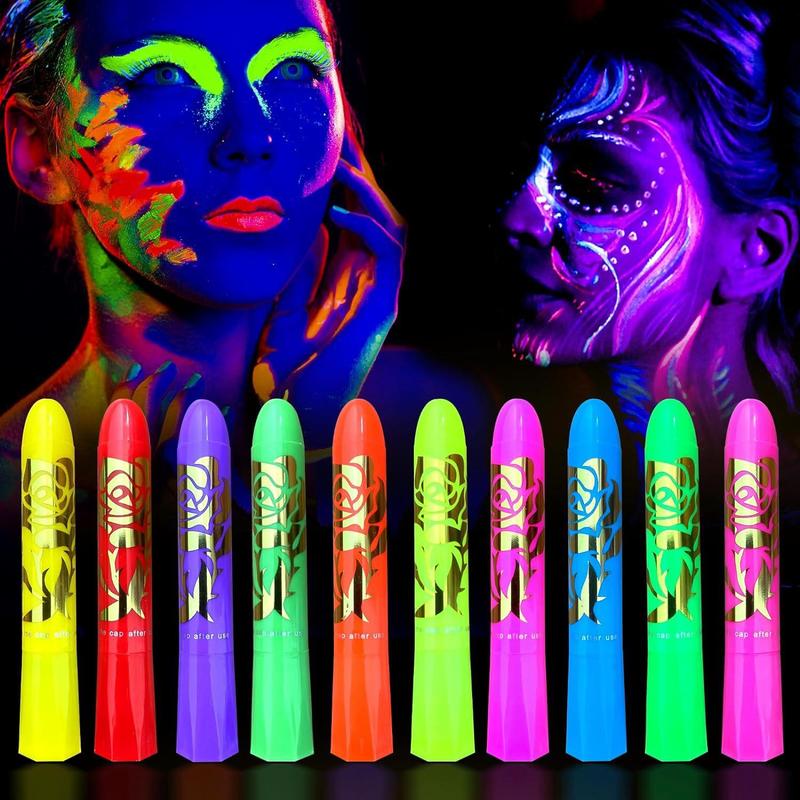 Glow in The Dark Face Paint Stick, 1 Set 10 Colors UV Light Face Body Paint Stick, Marker Pen for Cosplay Party, Party Supplies