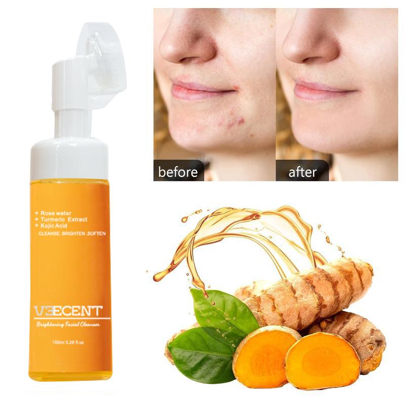 NEW - veecent Turmeric + Kojic Acid Foaming Facial Cleanser + Silicone Brush Cleansing Skincare Gentle Comfort Skin Repair Facial Wash