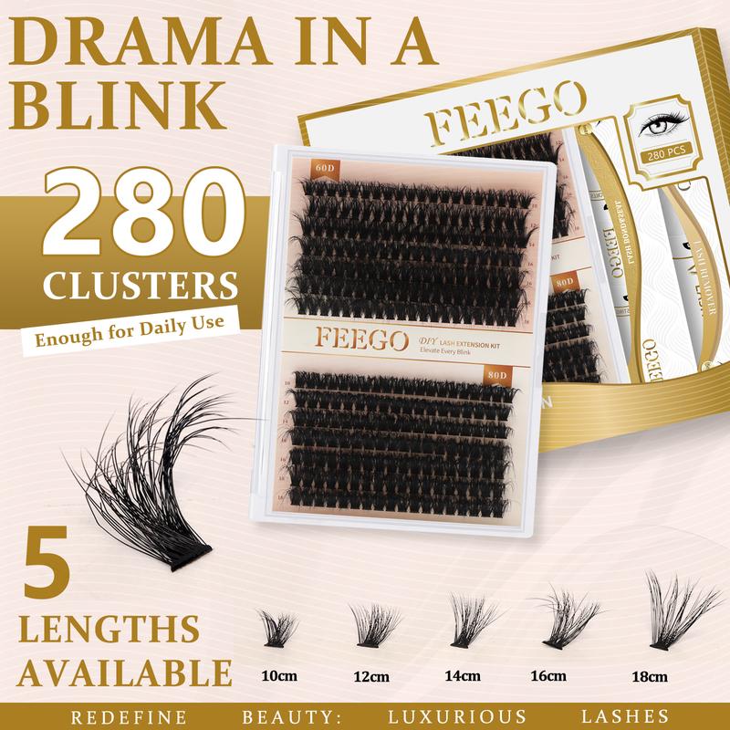 FEEGO 280Pcs False Eyelashes 60D80D 10-18MM Fluffy Eyelash Kit with Tweezers Brush Remover Bond and Seal D Curl Lash Extensions Set novice DIY and professional cosmetologists to use Dense Eyelashes Quick Drying Styling Makeup Cosmetic