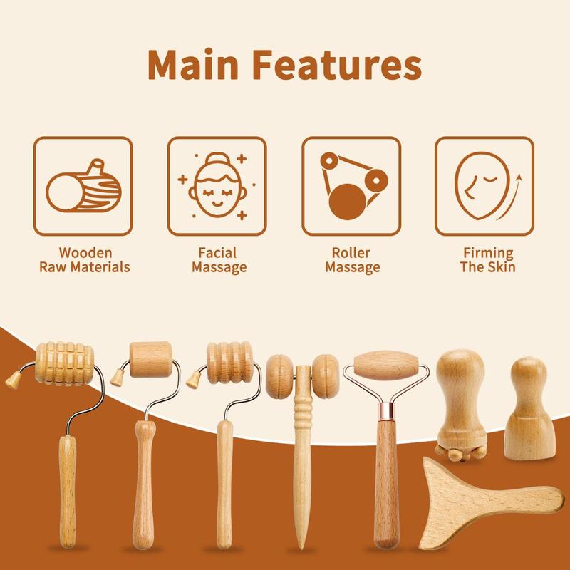 Wooden Facial Massage Tool Set, 8 Counts set Manual Massage Tool for Face Sculpting, Personal Face Massager, Body Care Tool for Women