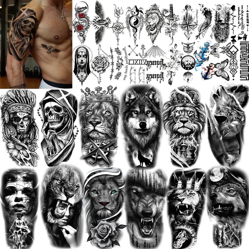 Teens 36 Sheets Large Black Arm Temporary Tattoos For Men Forearm Women Thigh, Half Sleeve Animals Lion Tiger Wolf Temp Tattoo Stickers Adults, Death Skull Compass Flower Fake Tattoos That Look Real Durable  Teens