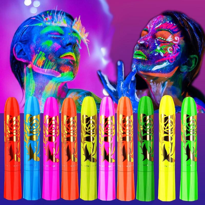 Glow in The Dark Face Paint Stick, 1 Set 10 Colors UV Light Face Body Paint Stick, Marker Pen for Cosplay Party, Party Supplies