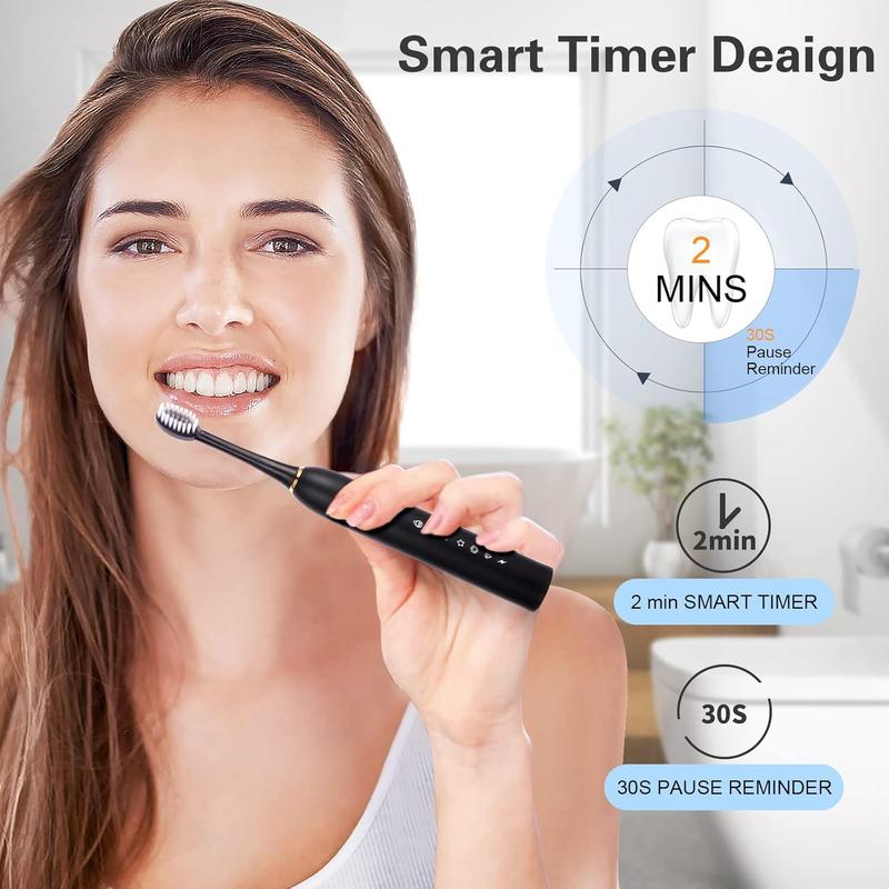 2 Pack Sonic Electric Toothbrush for Adults and Kids, Rechargeable Electric Toothbrushe with 8 Brush Heads, 6 Modes, 2 Minutes Smart Timer, 4 Hours Fast Charge for 45 Days(White-Black)