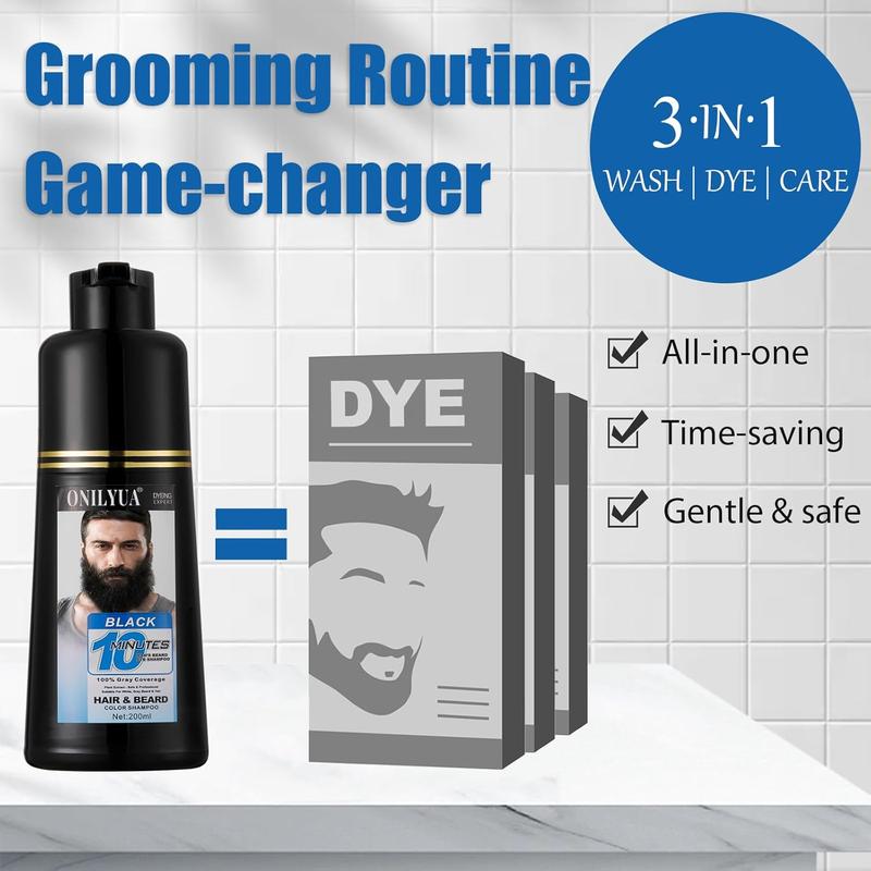 Men's 3-in-1 Black Beard &Hair Dye Shampoo, instant Grey Darkening Beard Color Shampoo in 10 Minutes, Simpler Gray Reducing Mustache & Beard Dye for Men, with Plant Extract for Healthy Facial Hair Haircare