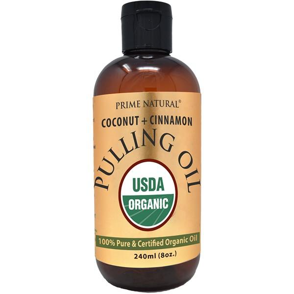 Oil Pulling with Organic Coconut & Organic Cinnamon Bark Oil 8oz - Natural Oral Care & Teeth Whitening - Alcohol Free Mouthwash Freshens Breath, Healthier Teeth & Gums Cleansing Daily