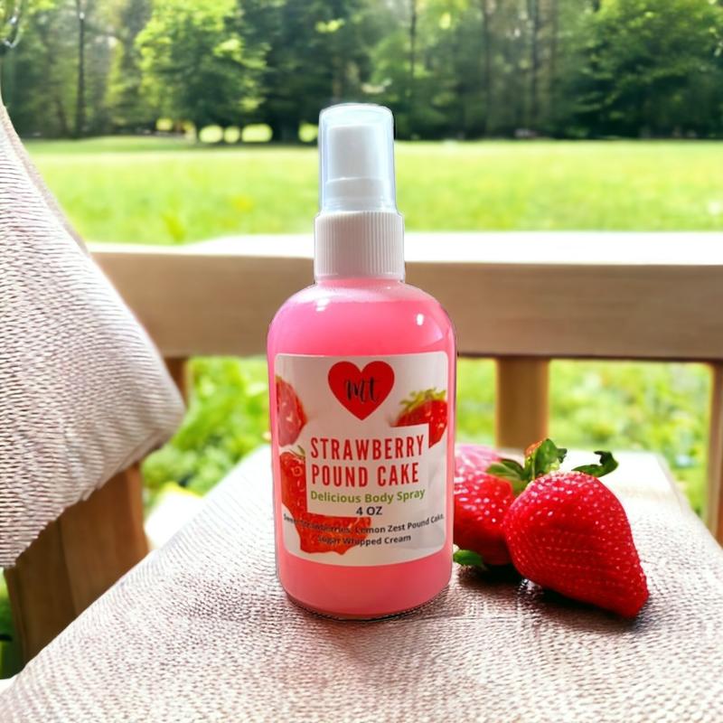 Strawberry Pound Cake Body Spray, perfume spray, fresh strawberry, whipped cream, warm pound cake, lemon zest, women’s perfume spray, cruelty free, vegan friendly, Body Care Fragrance Scented Aroma Scent