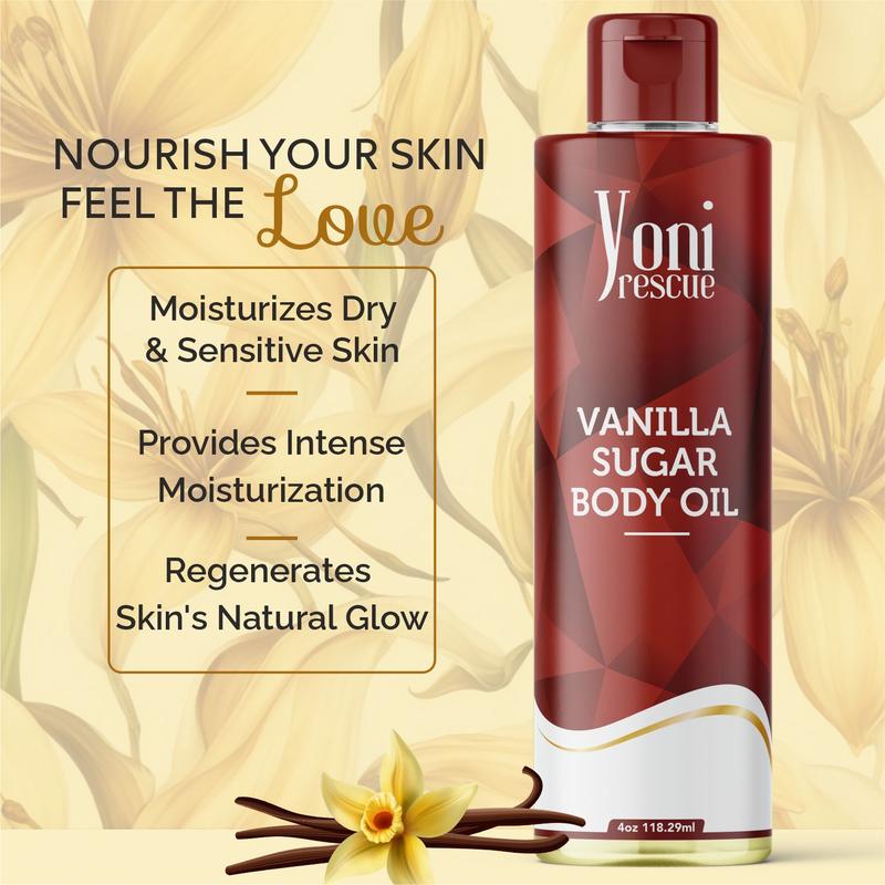 Vanilla Sugar Body Oil, 4oz with Apricot, Jojoba, Avocado Oils & Vitamin E Oil, Fast-Absorbing, Nourishes and Hydrates Skin, Skin Repair, Body Care, Ideal for All Skin Types, Sugar & Vanilla Fragrance Moisturizer by Yoni Rescue warm vanilla Vanilla Bean