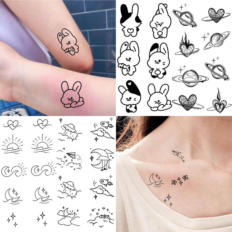 Small Crescent Moon Flowers Pattern Temporary Tattoo Sticker, 15 Sheets Waterproof Fake Tattoo Sticker, Body Art Decoration for Men & Women