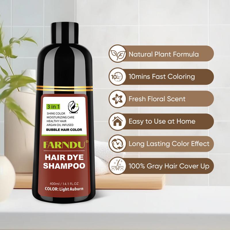 FARNDU-Hair Dye Shampoo(Buy 1 Get 7), Gray Hair Coverage, 3 in 1 (+Shampoo+Conditioner), Multiple Colors Available, 10 Mins Hair Color, Glossy and bright, For Men & Women, Long Lasting, Plant extracts, Fruity aroma Ammonia-Free Mild (400 mL)-Light Auburn