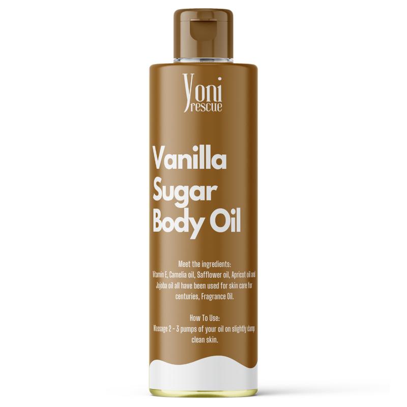 Vanilla Sugar Body Oil, 4oz with Apricot, Jojoba, Avocado Oils & Vitamin E Oil, Fast-Absorbing, Nourishes and Hydrates Skin, Skin Repair, Body Care, Ideal for All Skin Types, Sugar & Vanilla Fragrance Moisturizer by Yoni Rescue warm vanilla Vanilla Bean