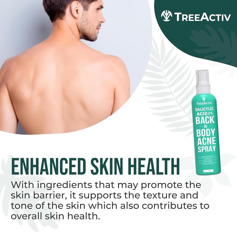 TreeActiv Body Acne Treatment Spray 4 fl oz, 2% Salicylic Acid Spray, Back Acne Spray, Tea Tree Oil Spray with Aloe Vera, Body Acne Spray, Back Acne Solution, Butt Acne Clearing Treatment, 1000+ Uses