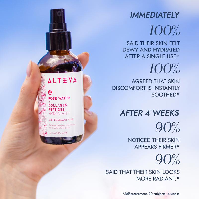 Alteya Rose Water Hydro Mist - Gentle Facial Toner with Collagen Peptides and Hyaluronic Acid - Hydrating Facial Skincare - Safe for Sensitive Skin