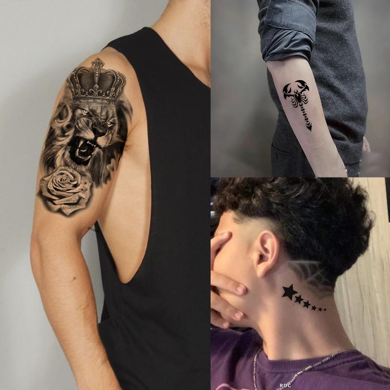 Teens 36 Sheets Large Black Arm Temporary Tattoos For Men Forearm Women Thigh, Half Sleeve Animals Lion Tiger Wolf Temp Tattoo Stickers Adults, Death Skull Compass Flower Fake Tattoos That Look Real Durable  Teens