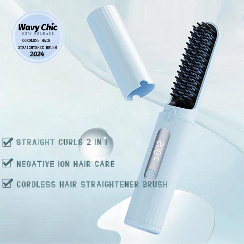 [Wavy Chic]2024 New Cordless Hair Straightening Brush, Rechargeable Portable Mini Hair Straightener, Negative Ion Hair Care Comb, Curly Hair Straightening 2 in 1