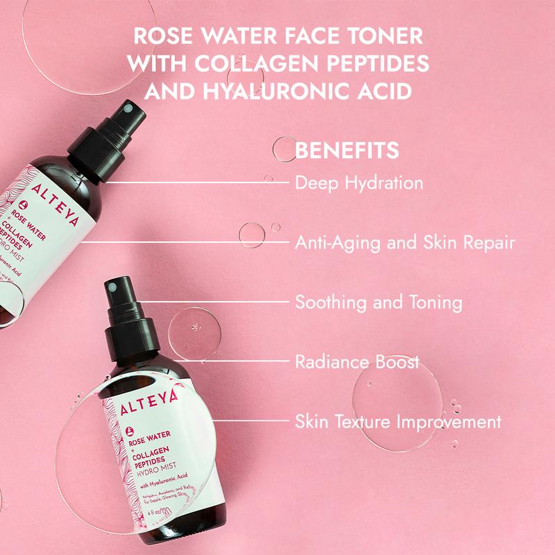 Alteya Rose Water Hydro Mist - Gentle Facial Toner with Collagen Peptides and Hyaluronic Acid - Hydrating Facial Skincare - Safe for Sensitive Skin