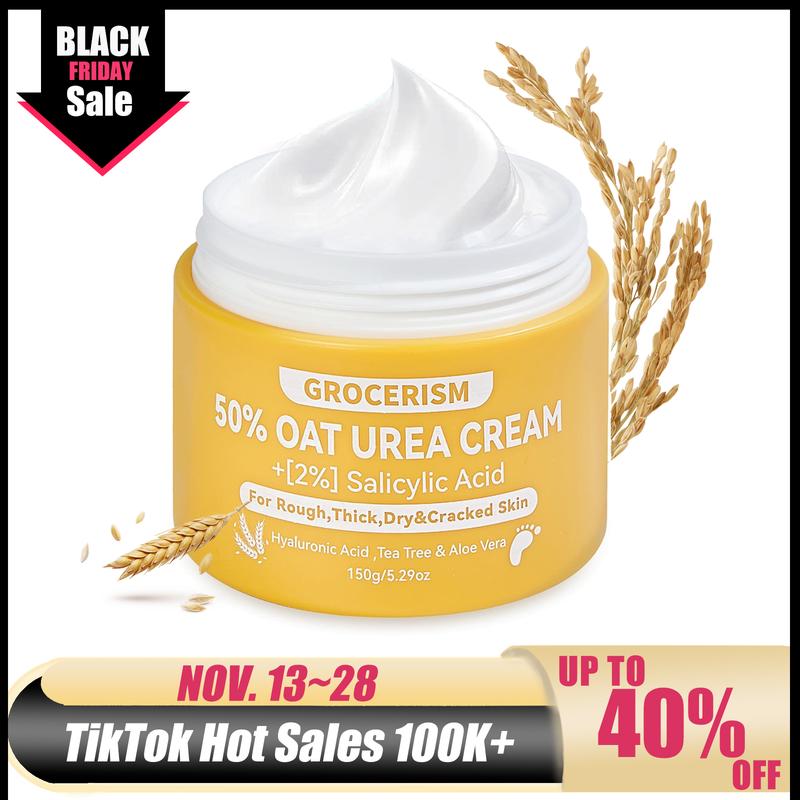 Grocerism 50% Urea Cream with Oat Extract for Sensitive Skin | Foot & Hand Cream with 2% Salicylic Acid, Hyaluronic Acid, Tea Tree & Aloe Vera，for Deep Hydration, Callus Removal, Softening All Skin Types, Beneficial for Cracked Heels and Hands 5.29 oz