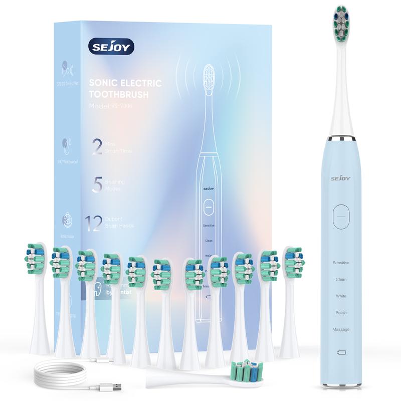 Sejoy Waterproof Daily Sensitive Oral Electric Toothbrush – USB Rechargeable Sonic Power Toothbrush with 12 Brush Heads