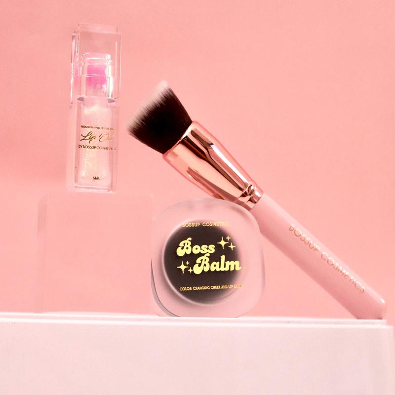 BossUp Cosmetics Beauty Bundle: Color Changing Lip Oil + Black Color Changing Blush + Blending Brush - Makeup