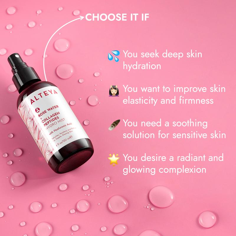 Alteya Rose Water Hydro Mist - Skin Repair Facial Toner with Collagen Peptides and Hyaluronic Acid - Hydrating skincare rosewater spray