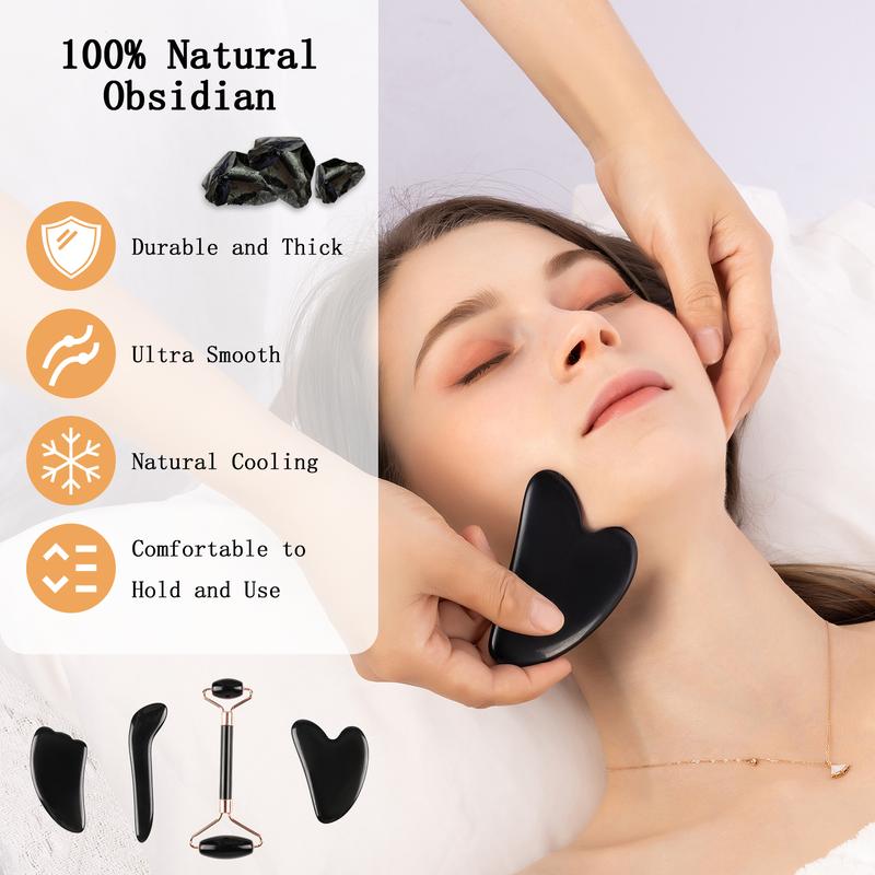 Gua Sha Facial Tools Set, 4pcs Natural Obsidian Jade Gua Sha Face Sculpting Tools, Face Roller & GuaSha Tool for Face Skincare Comfort