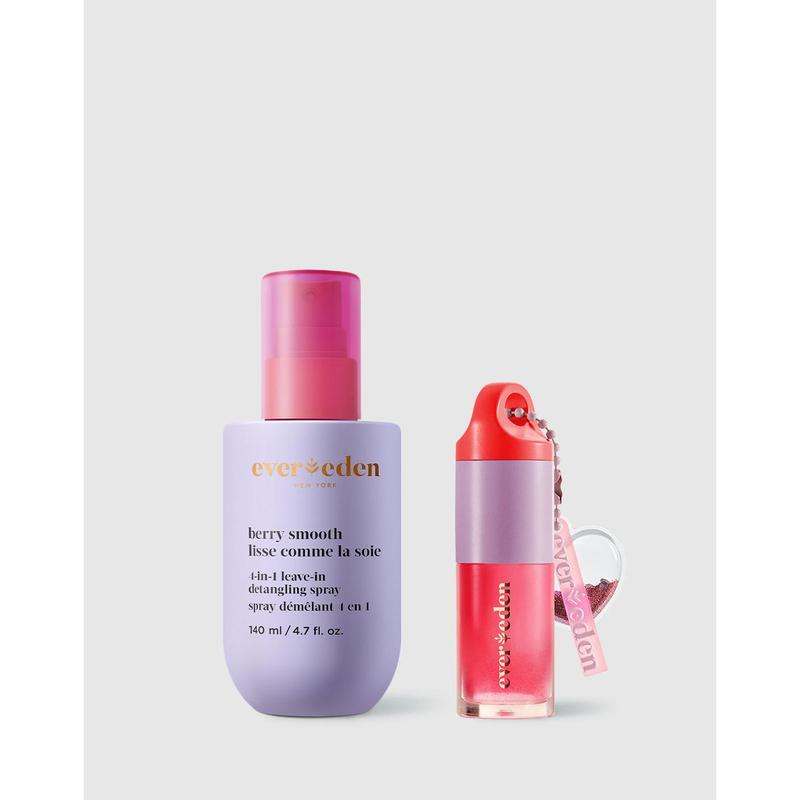 Evereden Gloss & Go Duo - Safe Ingredients for Glossy Hair & Lips - Berry Smooth Detangling Spray & Tinted Lip Oil - Detangles, Conditions, Adds Shine