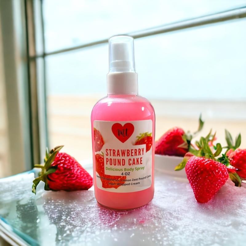 Strawberry Pound Cake Body Spray, perfume spray, fresh strawberry, whipped cream, warm pound cake, lemon zest, women’s perfume spray, cruelty free, vegan friendly, Body Care Fragrance Scented Aroma Scent