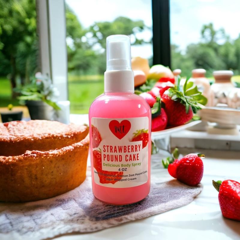 Strawberry Pound Cake Body Spray, perfume spray, fresh strawberry, whipped cream, warm pound cake, lemon zest, women’s perfume spray, cruelty free, vegan friendly, Body Care Fragrance Scented Aroma Scent