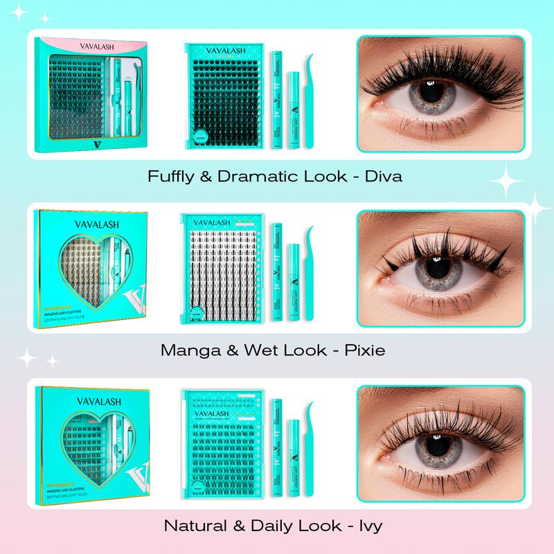 VAVALASH Wide Ultra-thin Invisible Lash Band, Ivy Daily Natural Individual Cluster Lash Kit, Pixie Manga Lash, Diva Fuffly Magic Clusters, Beginner Friendly,  Waterproof Lash bond For Girls Beauty Makeup At Home Eyelashes Cosmetic