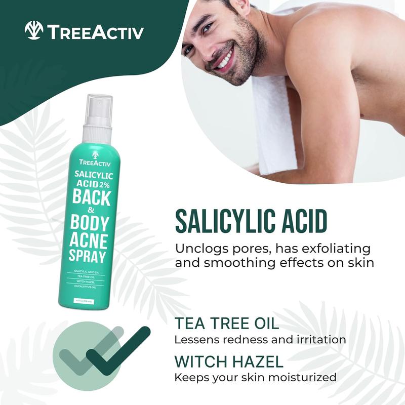 TreeActiv Body Acne Treatment Spray 4 fl oz, 2% Salicylic Acid Spray, Back Acne Spray, Tea Tree Oil Spray with Aloe Vera, Body Acne Spray, Back Acne Solution, Butt Acne Clearing Treatment, 1000+ Uses