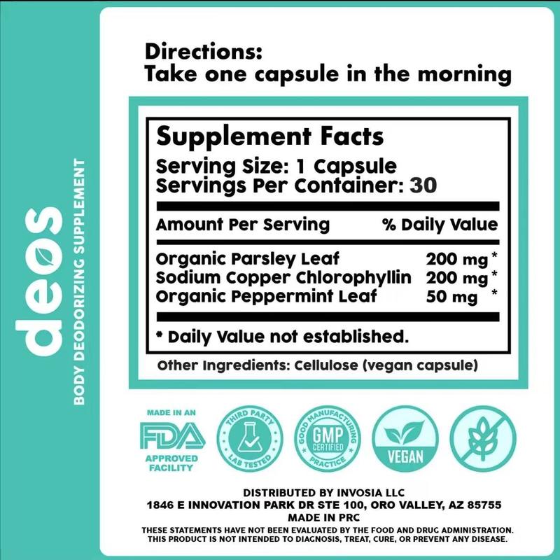 DEOS Interal Deodorant Supplement - Full Body Deodorizer for Gut Health, Skin Health, Detox & Digestion Support- Natural Odor Control Chlorophyll Pills for Head-to-Toe Freshness| 30 Capsules