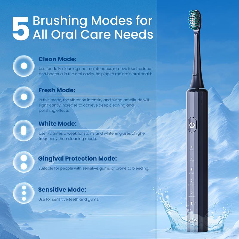 SEJOY Sonic Electric Toothbrush Rechargeable Power 5 Modes Timer, With 8 Brush Heads