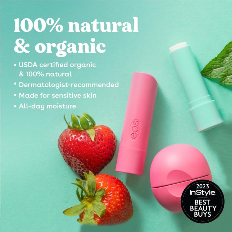 eos 100% Natural & Organic Lip Balm Trio- Vanilla Bean, Sweet Mint, & Strawberry Sorbet, Made for Sensitive Skin, Lip Care Products, 0.14 oz, 3-Pack