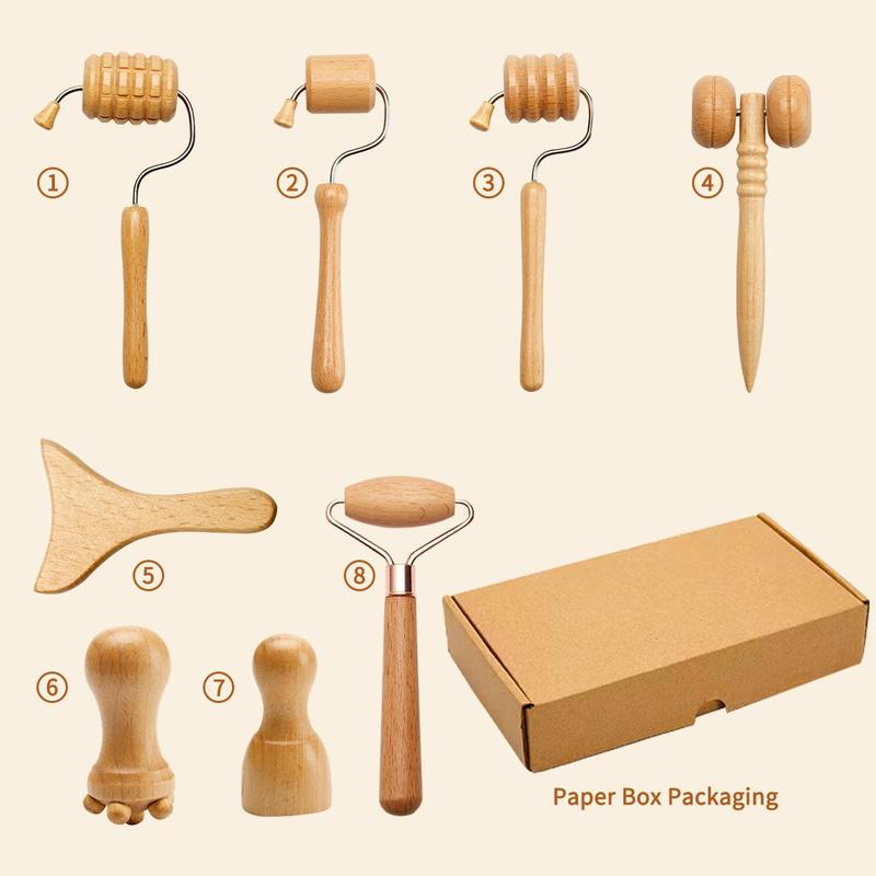 Wooden Facial Massage Tool Set, 8 Counts set Manual Massage Tool for Face Sculpting, Personal Face Massager, Body Care Tool for Women