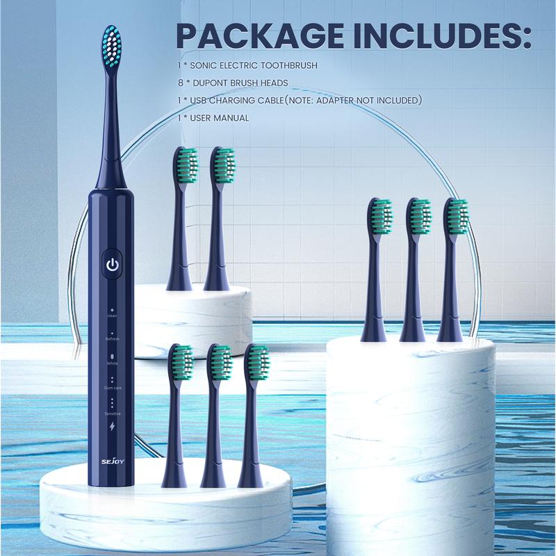 SEJOY Sonic Electric Toothbrush Rechargeable Power 5 Modes Timer, With 8 Brush Heads