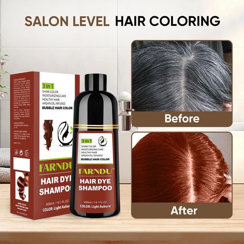 FARNDU-Hair Dye Shampoo(Buy 1 Get 7), Gray Hair Coverage, 3 in 1 (+Shampoo+Conditioner), Multiple Colors Available, 10 Mins Hair Color, Glossy and bright, For Men & Women, Long Lasting, Plant extracts, Fruity aroma Ammonia-Free Mild (400 mL)-Light Auburn