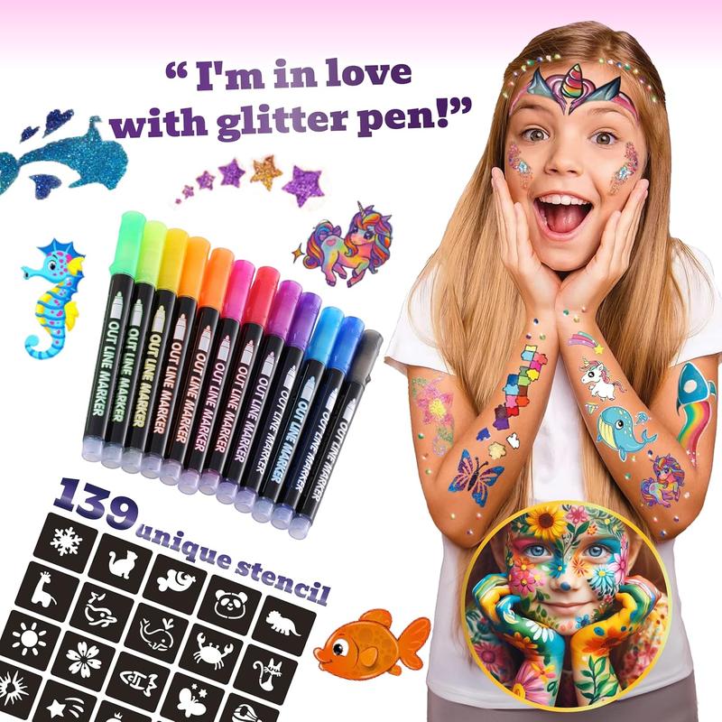 Glitter Tattoos for kids, Temporary Glitter Tattoo Markers for Skin, Glitter tattoo kit, Temporary Tattoos, face glitter, party bag fillers, girls